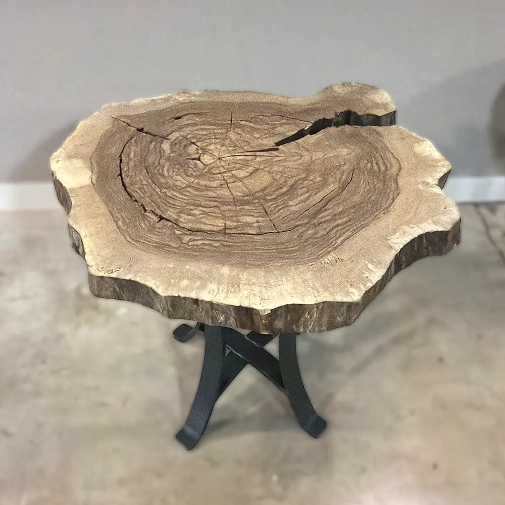 Live edge walnut end table with black steel tripod base on a light floor; tree rings visible.