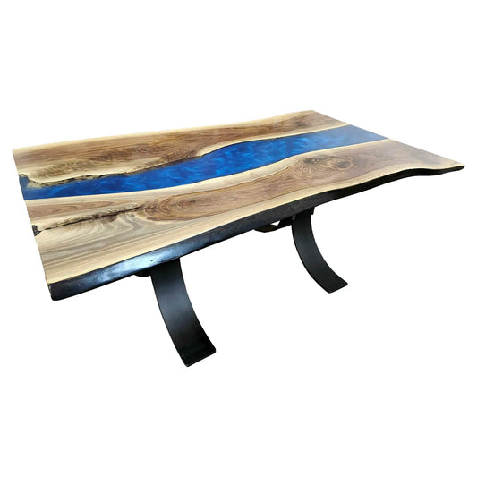 72.5"L Live Edge Walnut River Dining Table, Blue Epoxy