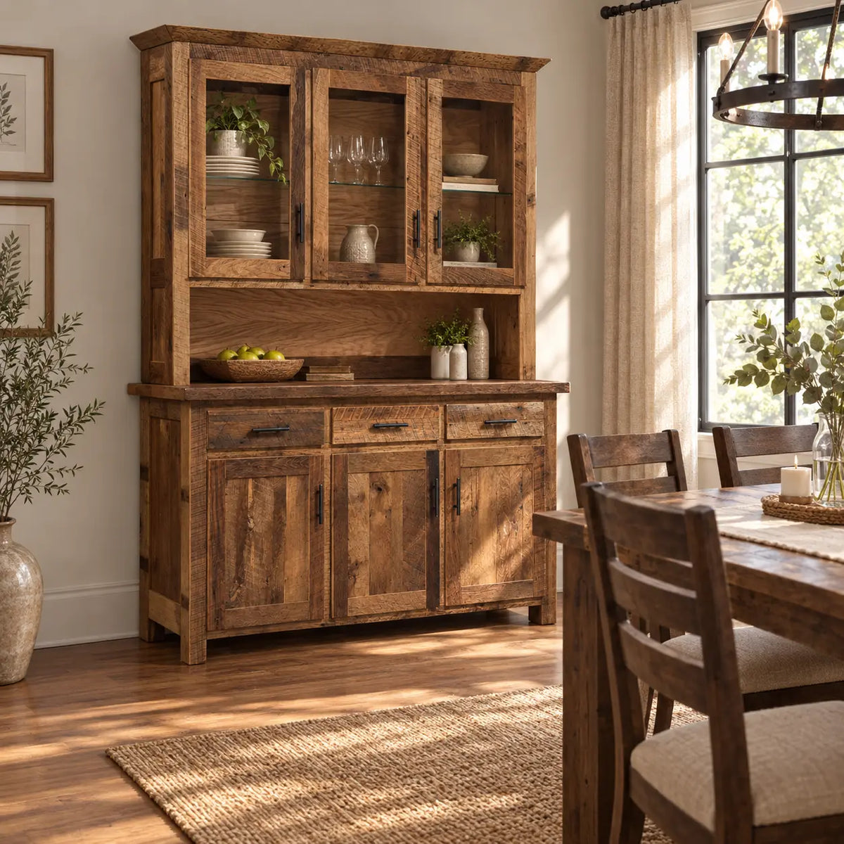 Evanston rustic kitchen hutch, 3 cabinets and 3 drawers with glass cabinets, reclaimed wood