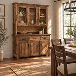 Evanston rustic kitchen hutch, 3 cabinets and 3 drawers with glass cabinets, reclaimed wood