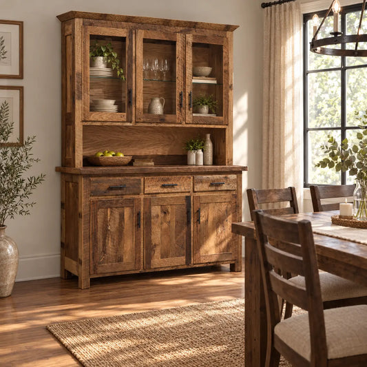 Evanston rustic kitchen hutch, 3 cabinets and 3 drawers with glass cabinets, reclaimed wood