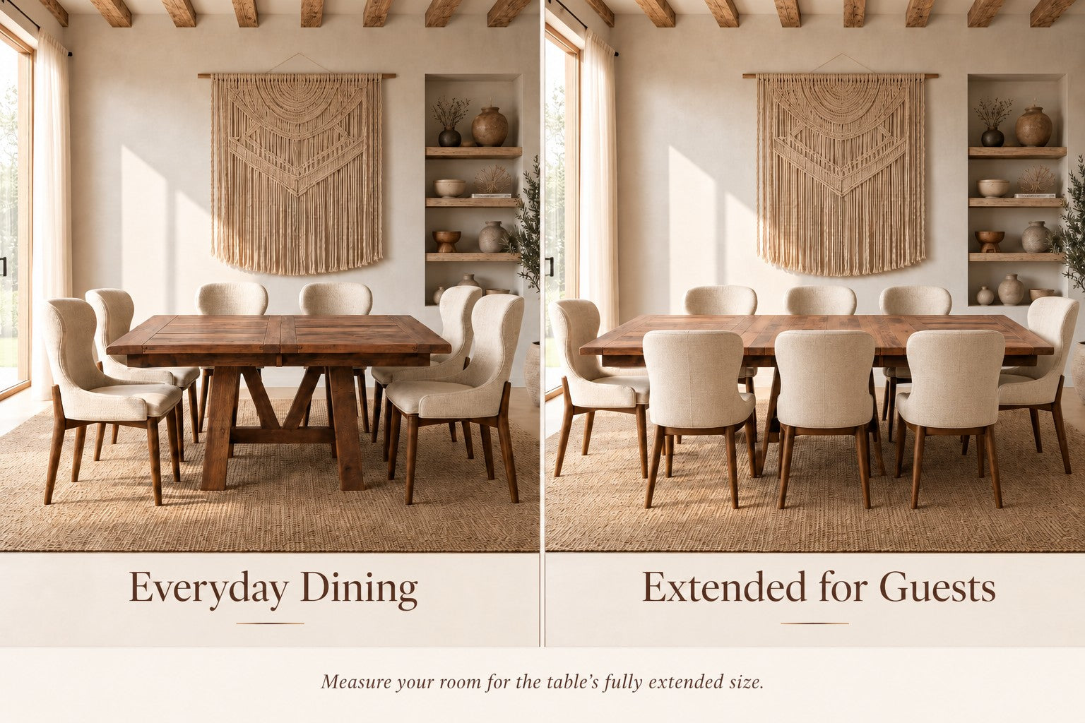 Extendable dining table shown at everyday size and extended for guests