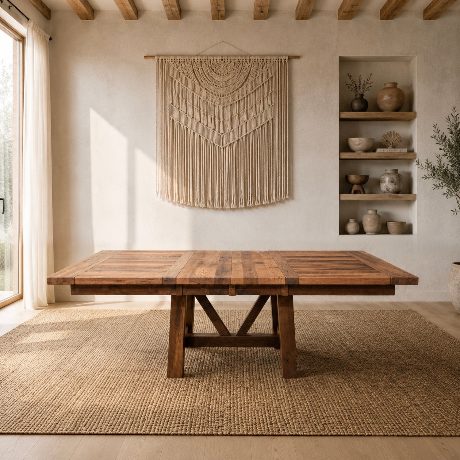 Reclaimed oak dining table on a rug, macramé wall decor, vases, and sunlight through curtains.