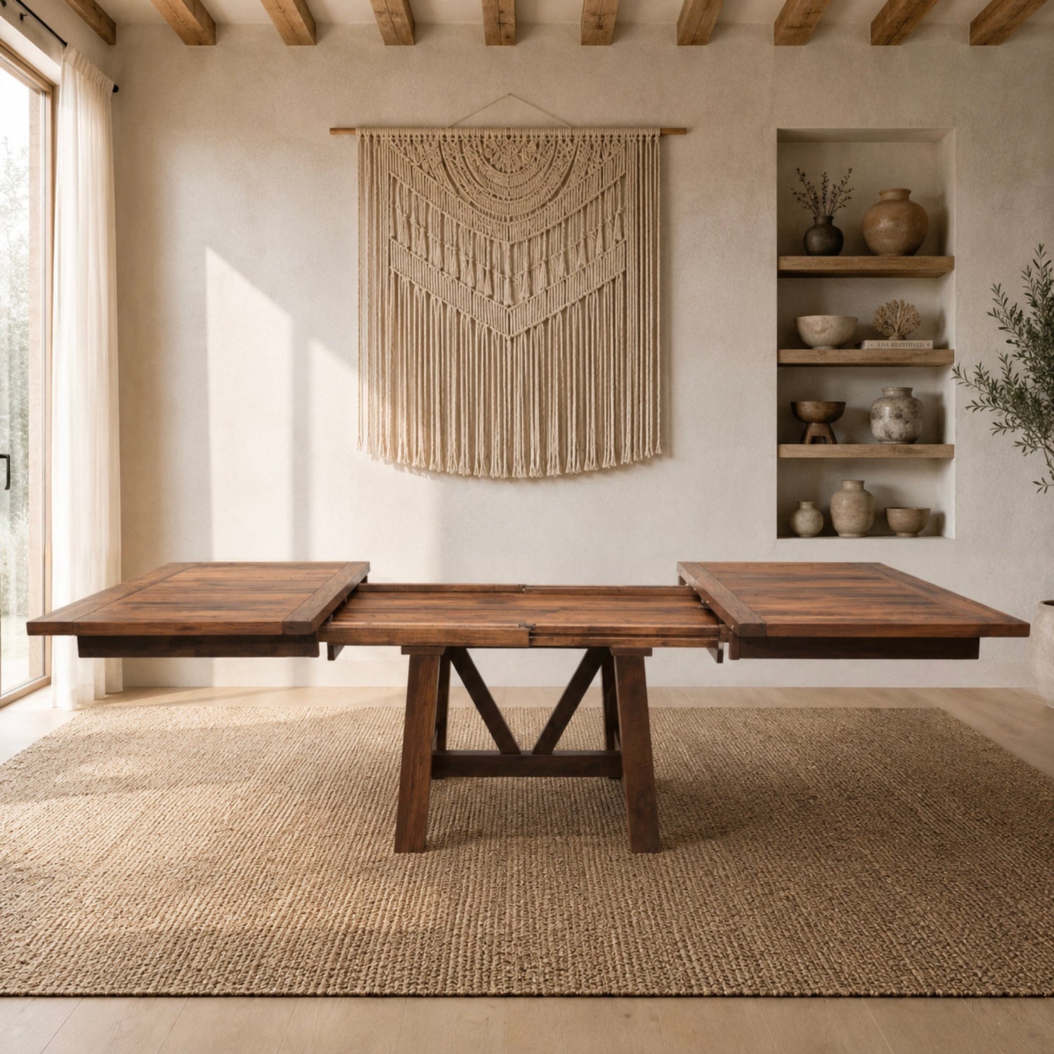Hawthorne dining table on a woven rug in a bright room with pottery, macramé, and wood beams.