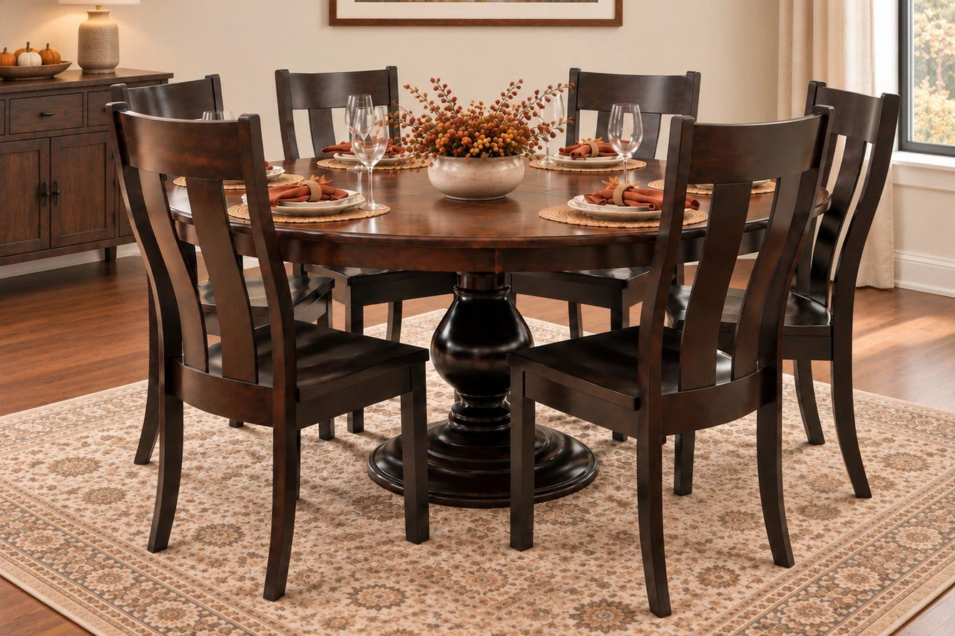 Foles round pedestal dining table set for fall with woven placemats protecting the tabletop