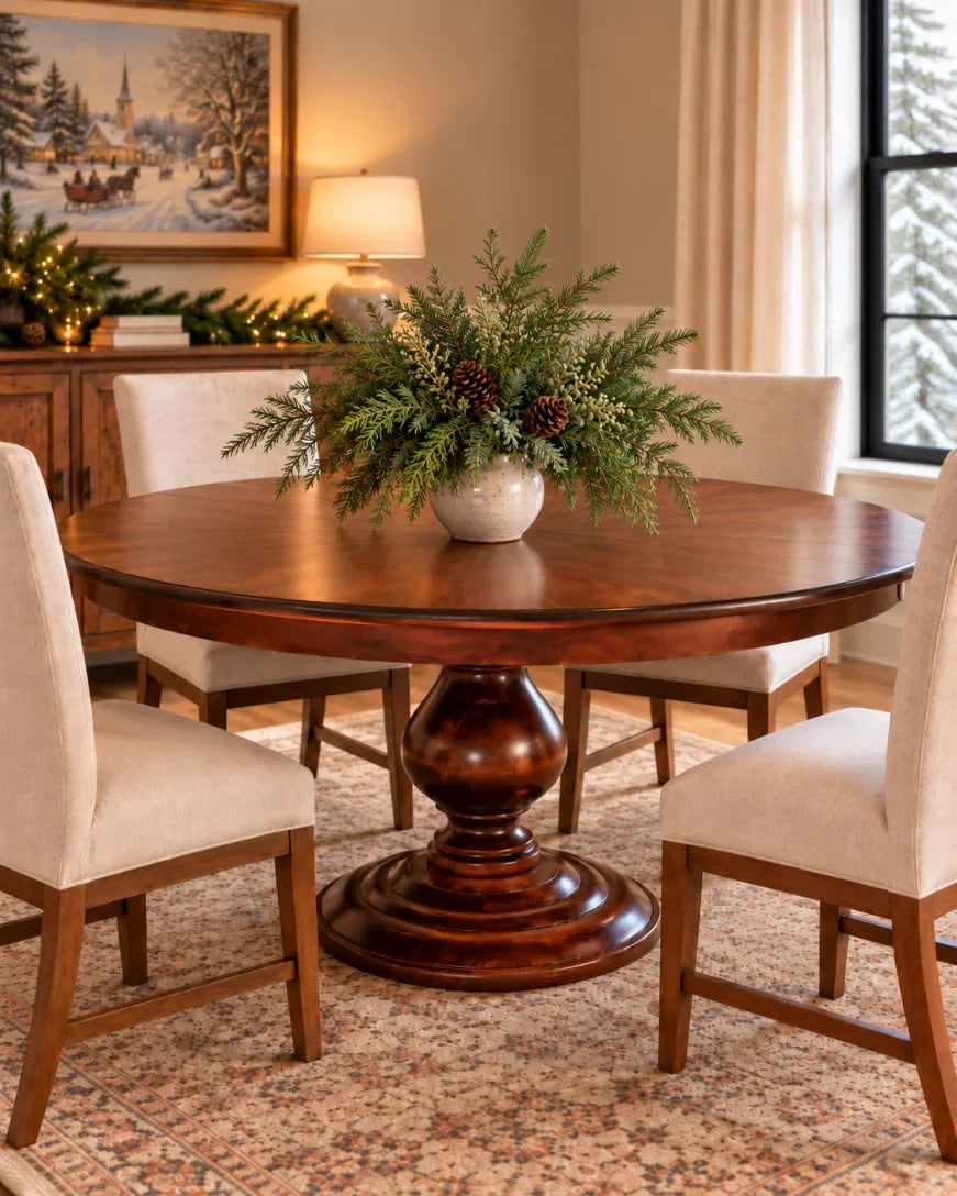 Foles round wood pedestal dining table with an evergreen Christmas centerpiece