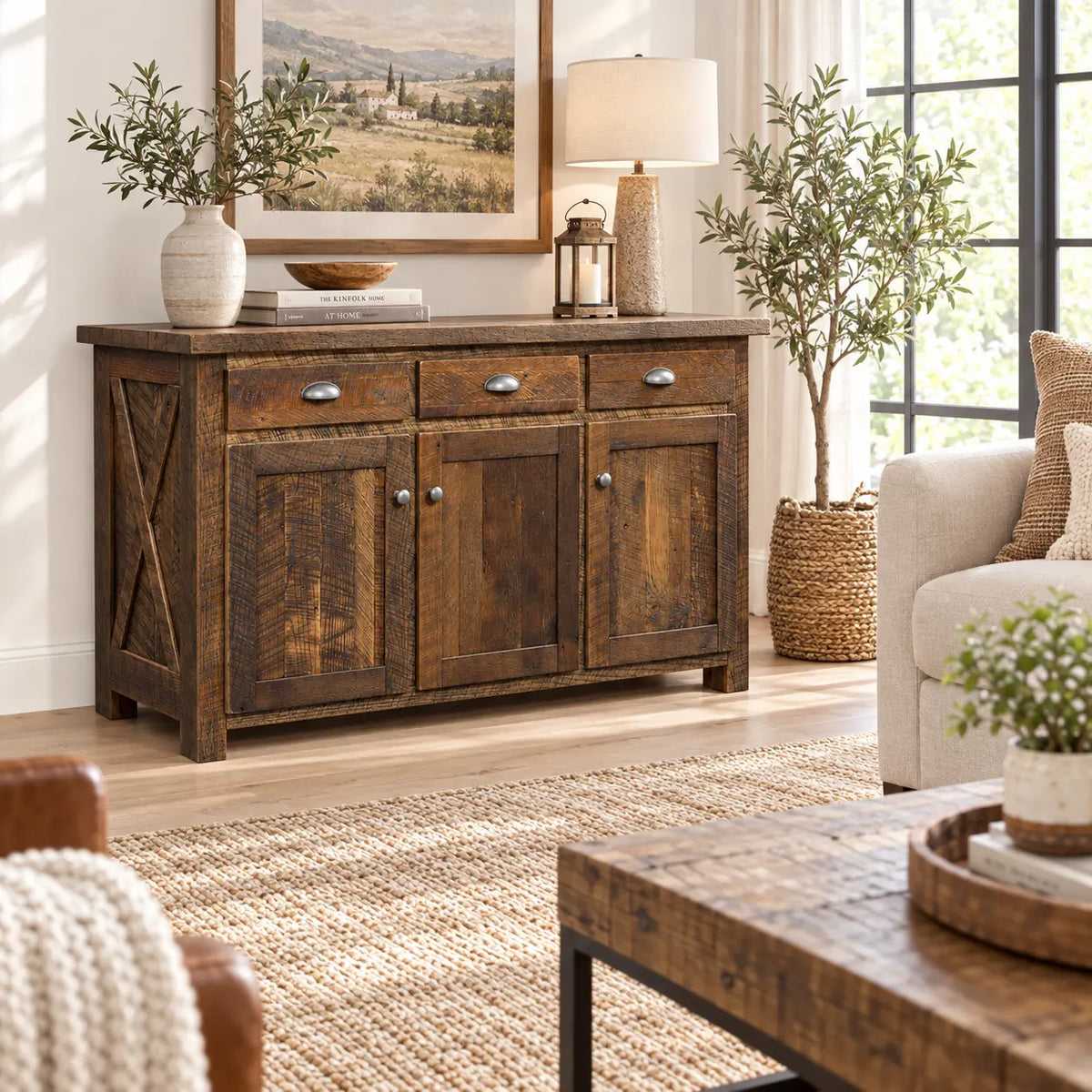 Oak barnwood entertainment center with drawers and cabinets in living room