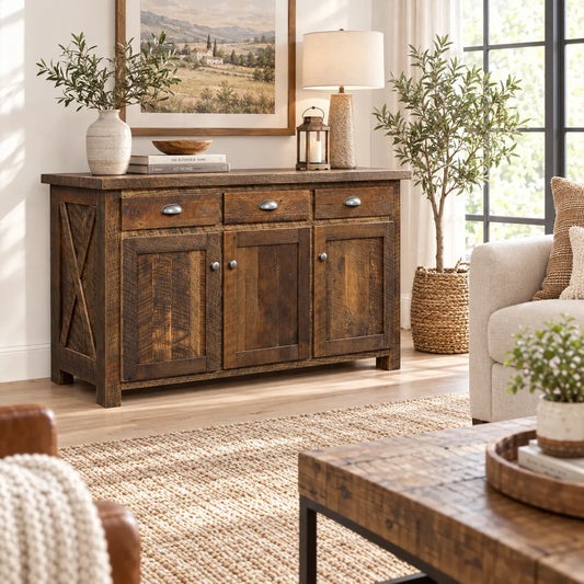 Oak barnwood entertainment center with drawers and cabinets in living room