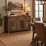 Foster Solid Wood Buffet with three drawers, three cabinets, and decor.