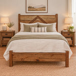 Foxfield Reclaimed Wood Bed Frame with a chevron headboard, styled with white bedding.