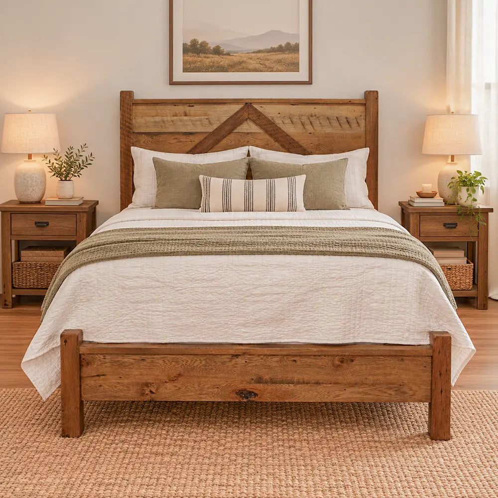 Foxfield Reclaimed Wood Bed Frame with a chevron headboard, styled with white bedding.