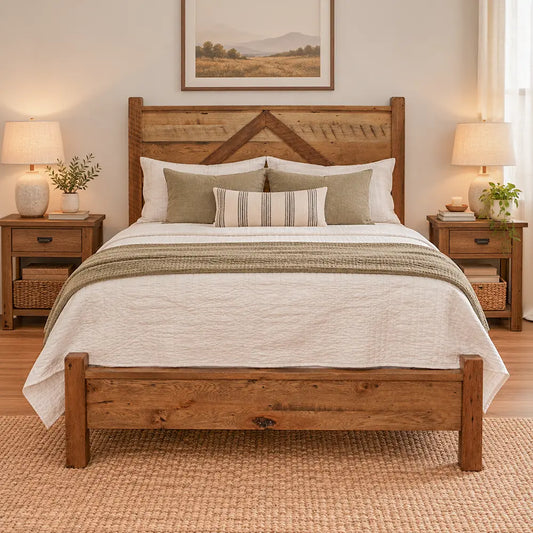 Foxfield Reclaimed Wood Bed Frame with a chevron headboard, styled with white bedding.