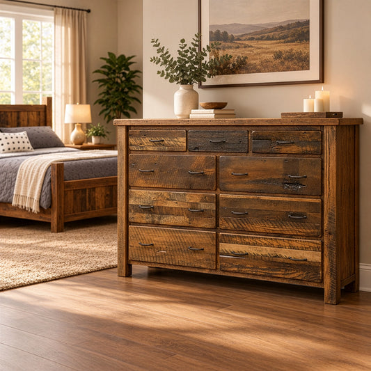 Foxfield Reclaimed Wood tall dresser with eight drawers in a bedroom.