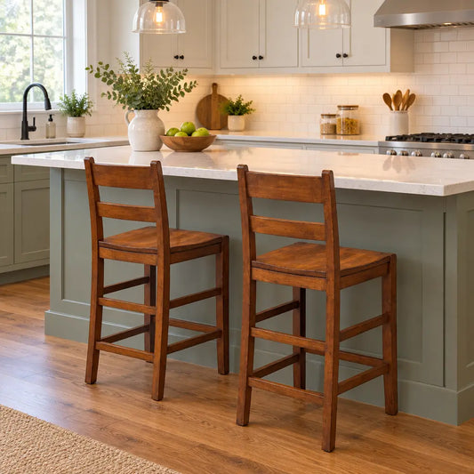 Two solid wood Franklin ladder-back counter stools at a kitchen island.