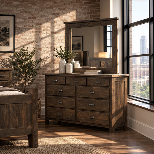 Fullerton 9-drawer wood dresser with vases, mirror, rustic bed nearby; sunlight streams in.