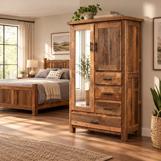 Fullerton Solid Wood Bedroom Armoire in Reclaimed Wood with Mirror, Drawers, and Cabinets