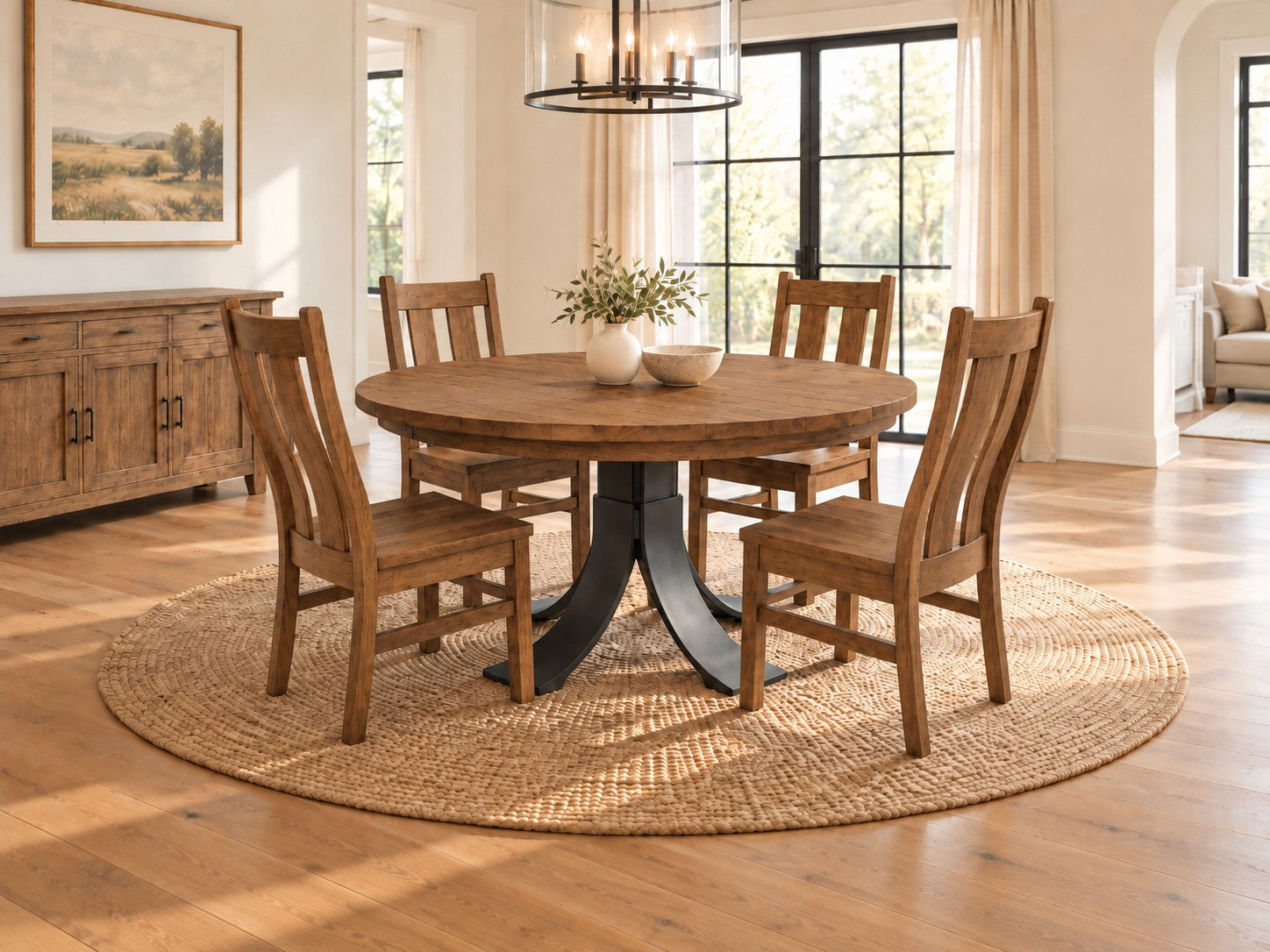 Granby barnwood round dining table with pedestal base and barnwood chairs