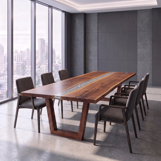 Modern conference room with a river table, eight dark chairs, windows, and city skyline view.