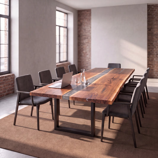 Modern conference room with river table, black chairs, laptop, and sunlit beige carpet.
