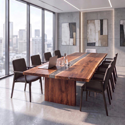 Modern conference room with a live edge table, city views, and abstract wall art.