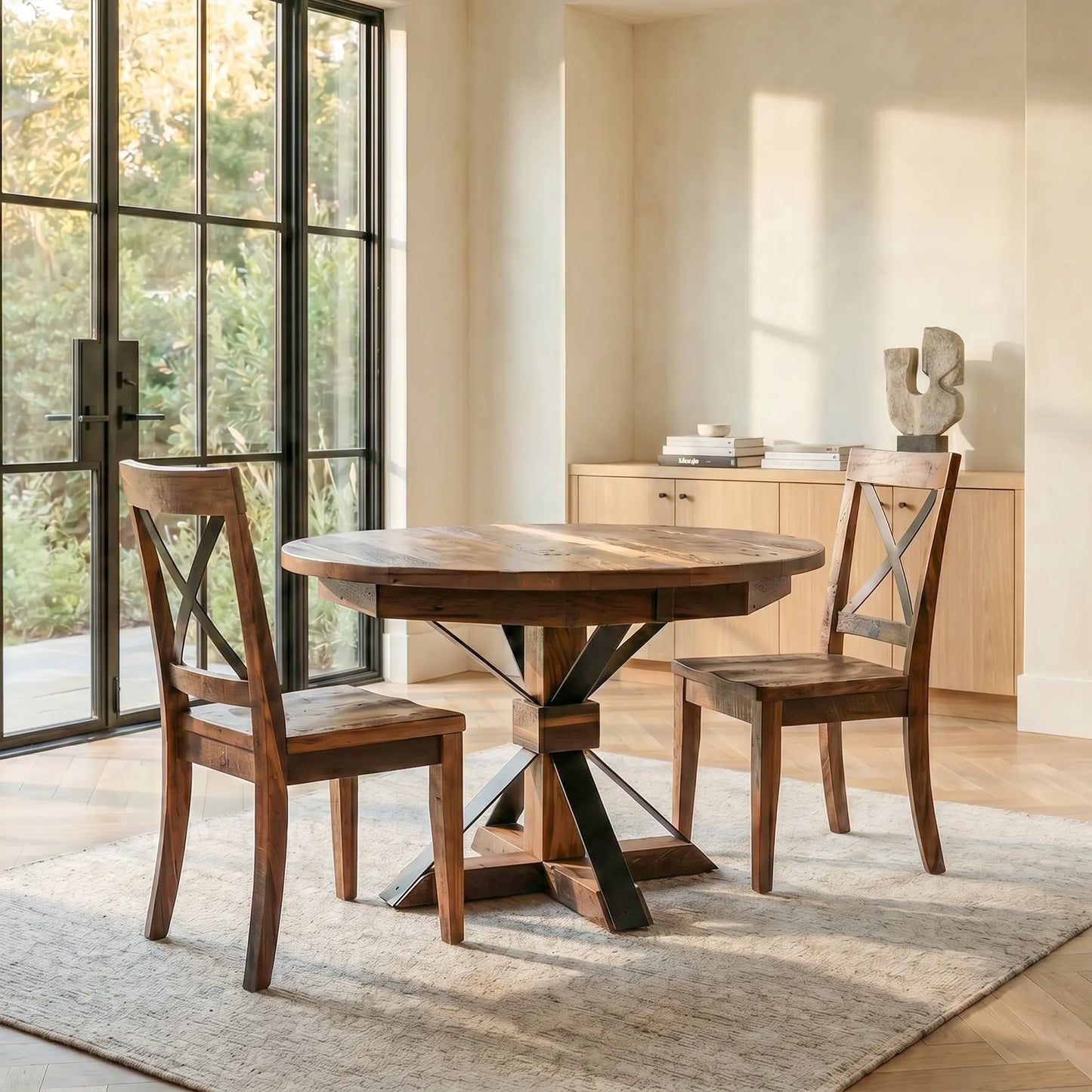 Hampton Reclaimed Wooden Circle Dining Table, Wood and Steel Pedestal Base