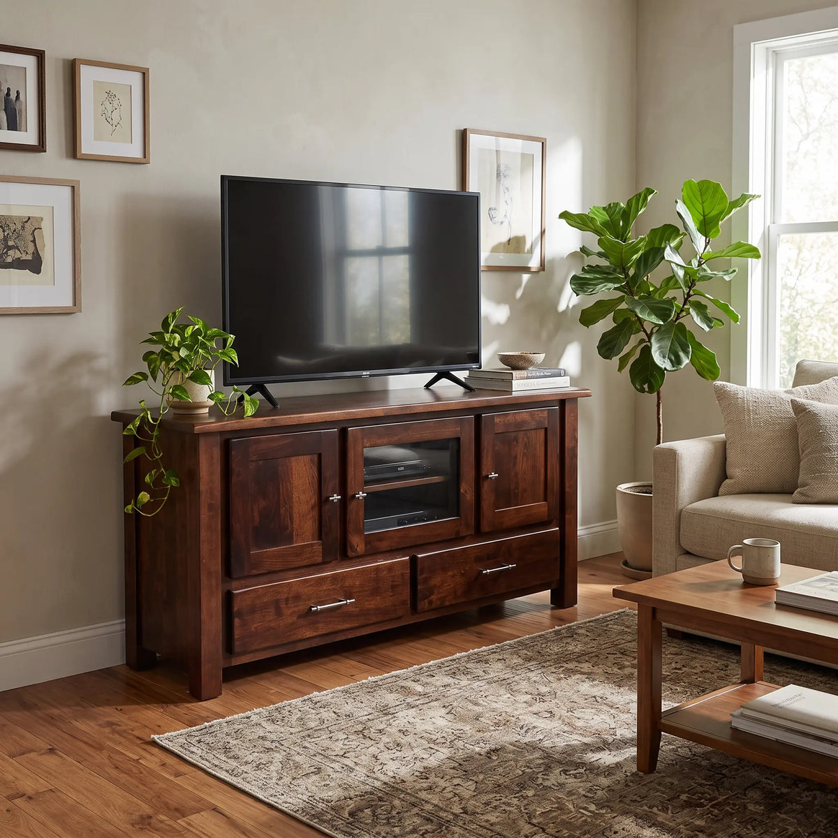 Harper Solid Wood Entertainment Center in Living Room with 2 Drawers and 3 Cabinets, Including 1 Glass Cabinet