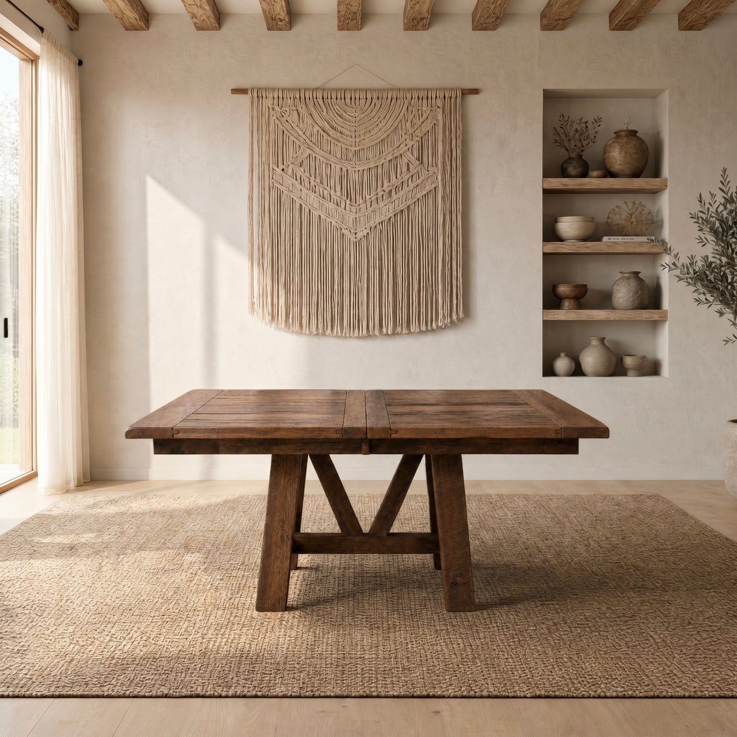 Oak dining table on woven rug in bright room with macramé art, shelves with pottery, wood beams.