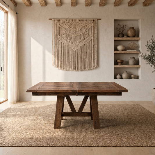 Oak dining table on woven rug in bright room with macramé art, shelves with pottery, wood beams.