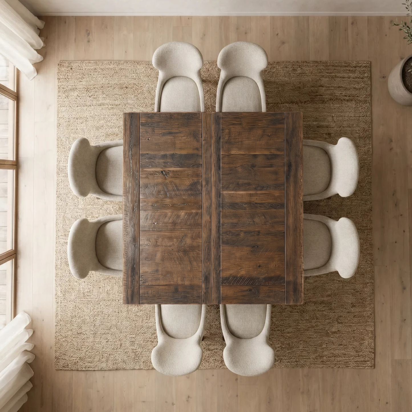 Top-down view of a square oak dining table with 8 cream chairs on a beige rug in a bright room.