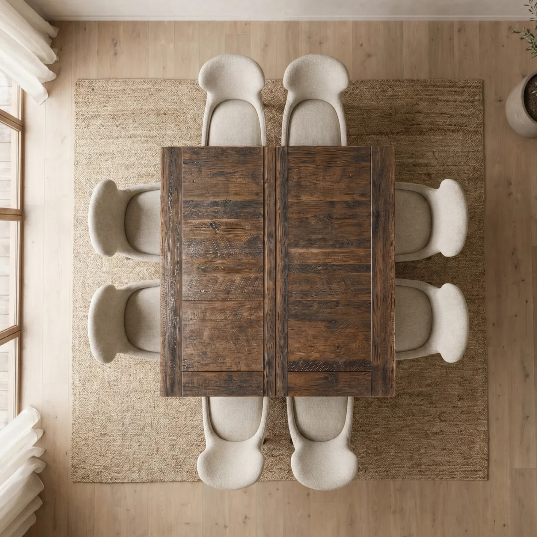 Top-down view of a square oak dining table with 8 cream chairs on a beige rug in a bright room.