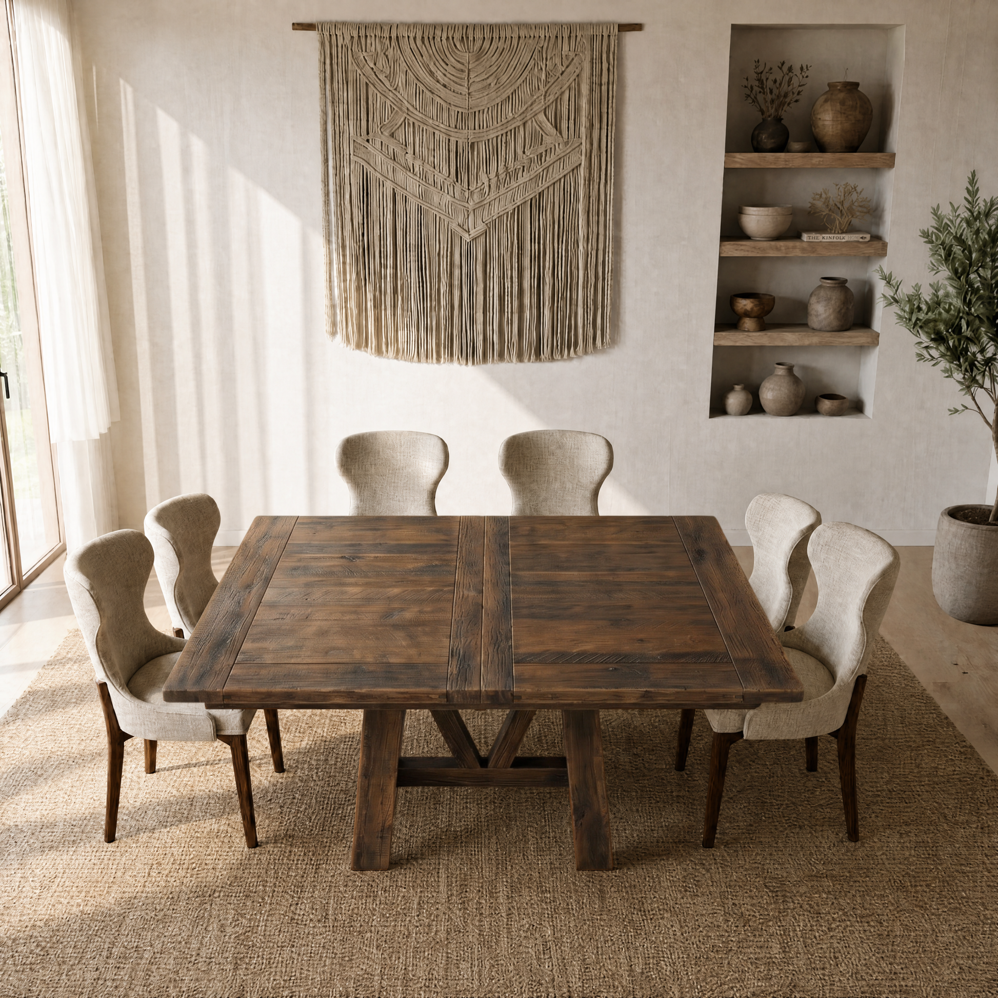 Dining set on rug, pottery shelves, macramé wall art; sunlight from left in neutral room.