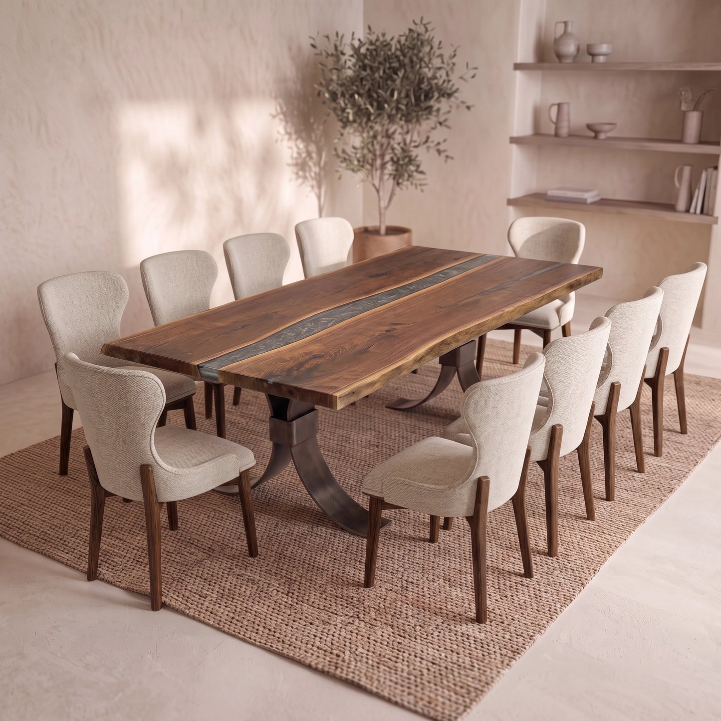 Walnut river dining table with metal legs, beige chairs, rug, plant, and minimalist shelves.