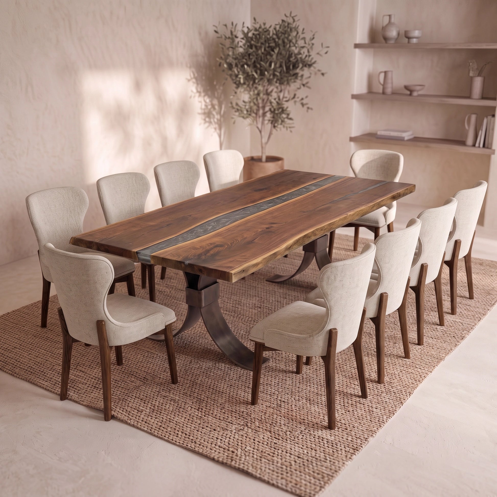 Walnut river dining table with metal legs, beige chairs, rug, plant, and minimalist shelves.