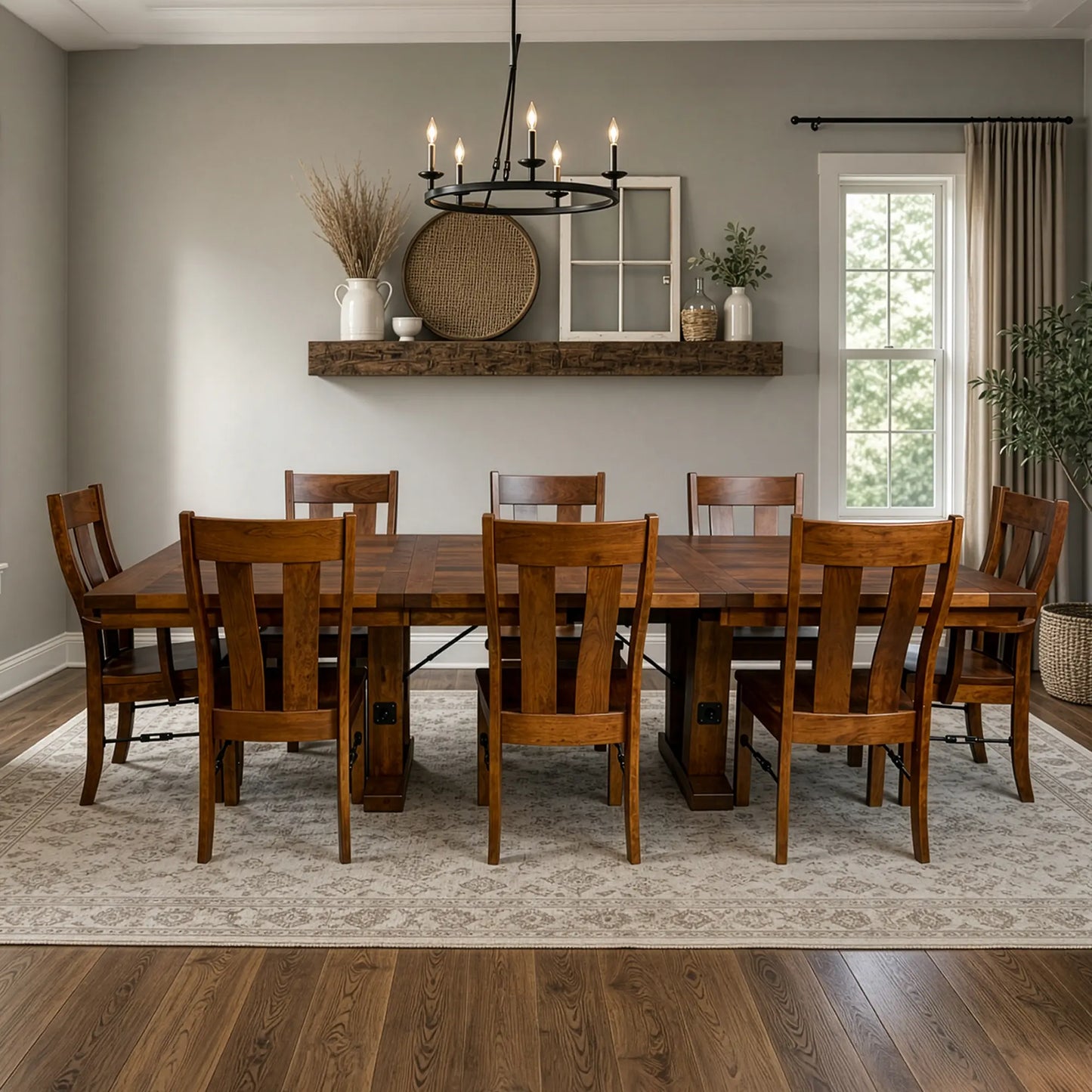 Holbrooke Farmhouse cherry wood dining table with eight chairs on a rug in a sunlit room, shelf with decor behind.