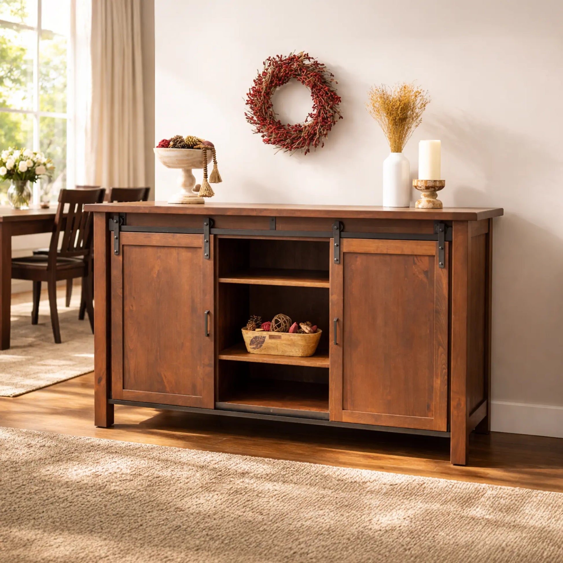 Hudson Cherry Wood Dining Room Buffet with Barn Door Storage