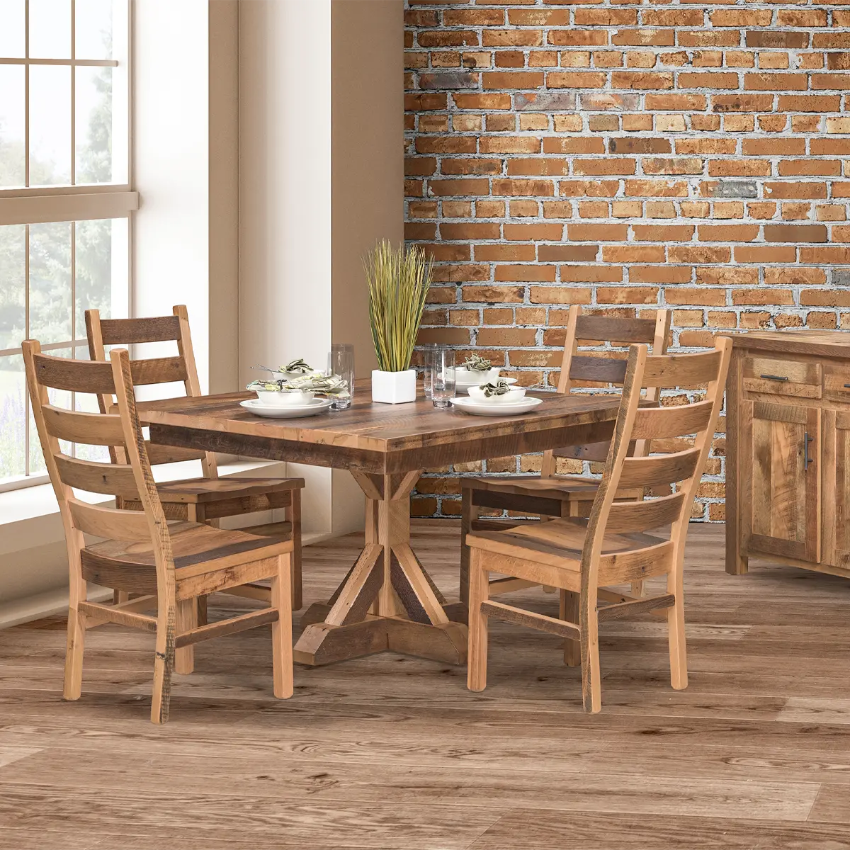 Rustic Square Dining Table in Barnwood, Trestle BAse