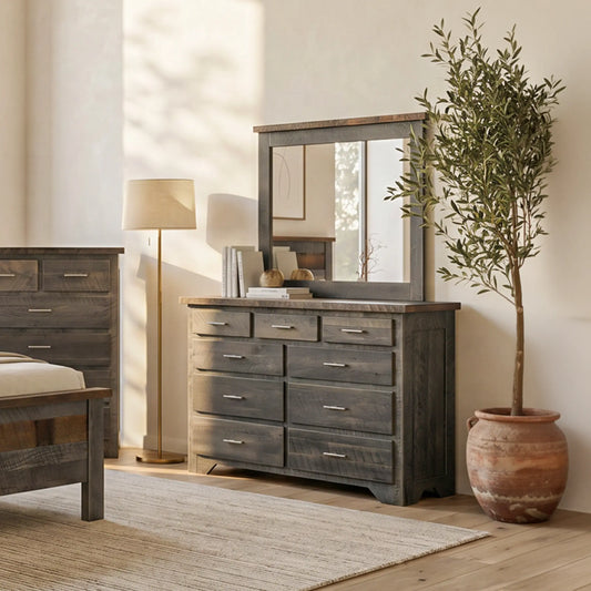 Lander Grey Farmhouse Dresser, Reclaimed Wood, Gray Base, 9 Drawers with Silver Pulls in Bedroom