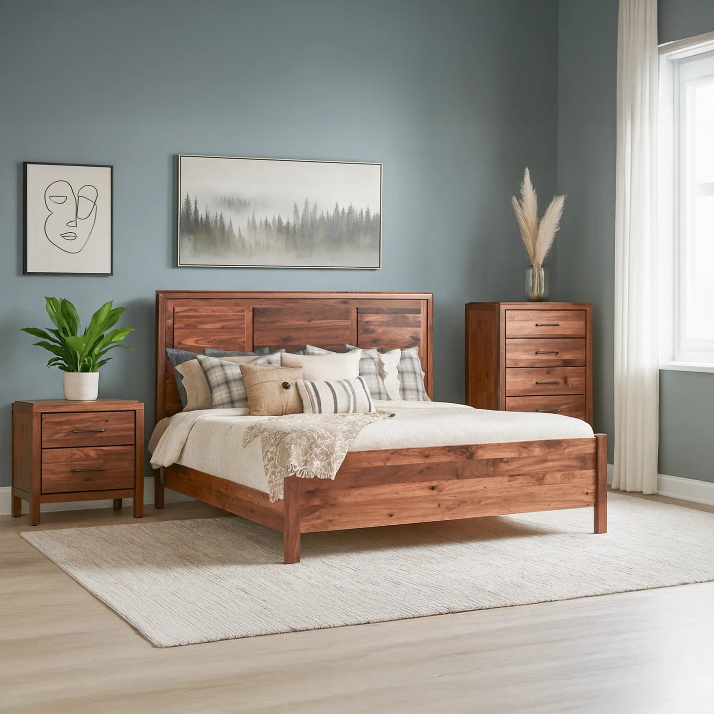 Lena Rustic Walnut Panel Wood Bed Frame Nighstand and Dresser