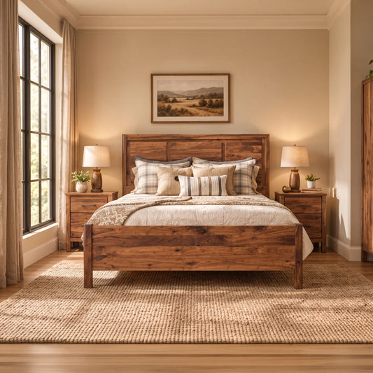 Lena Rustic Walnut Panel Wood Bed Frame Nightstand 
