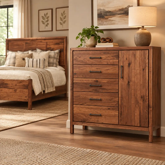 Lena Walnut Solid Wood Gentleman's Chest for Bedroom with Bed in Background on Beige Walls