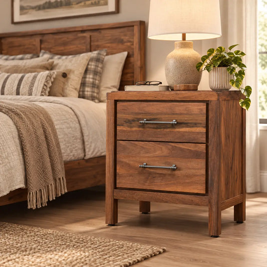 Lena Walnut Solid Wood Nightstand next to Matching Bed in Background on Beige Walls