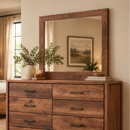 Rustic walnut bedroom with mirror, dresser, bed, plants, beige walls