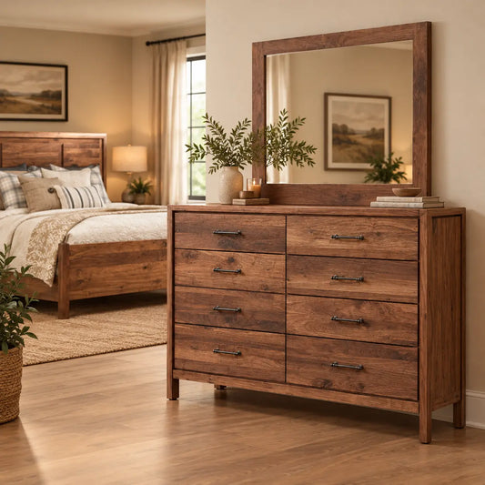 Rustic walnut Lena dresser with mirror and matching bed