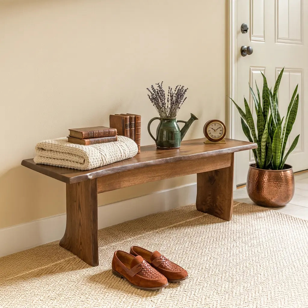 Bench with blankets, books, and pitcher; shoes on rug; snake plant in copper pot nearby.
