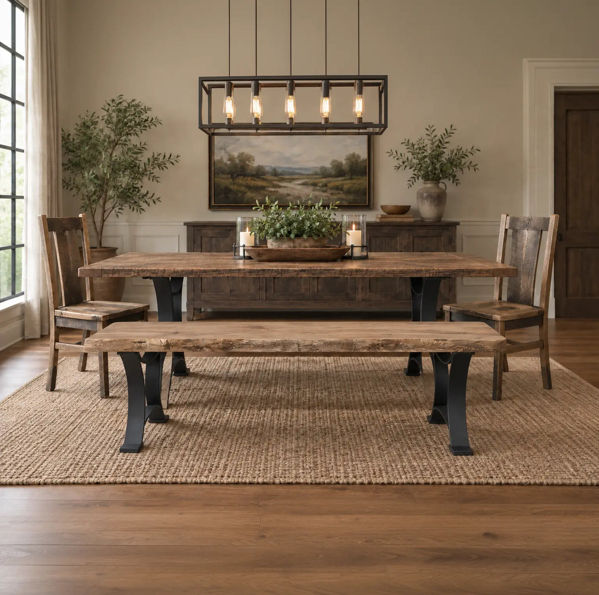 Rustic dining room with wooden table, Maple Live Edge Bench, and modern decor accents.