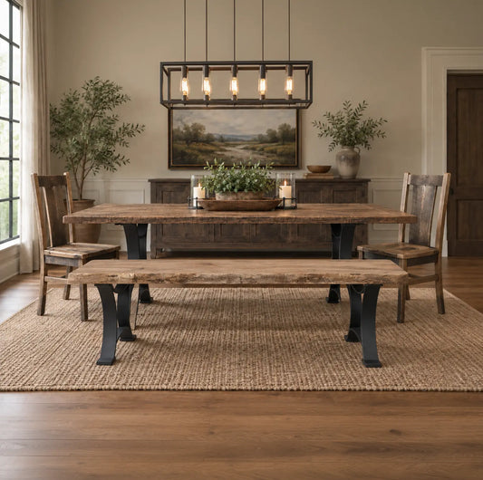 Rustic dining room with wooden table, Maple Live Edge Bench, and modern decor accents.