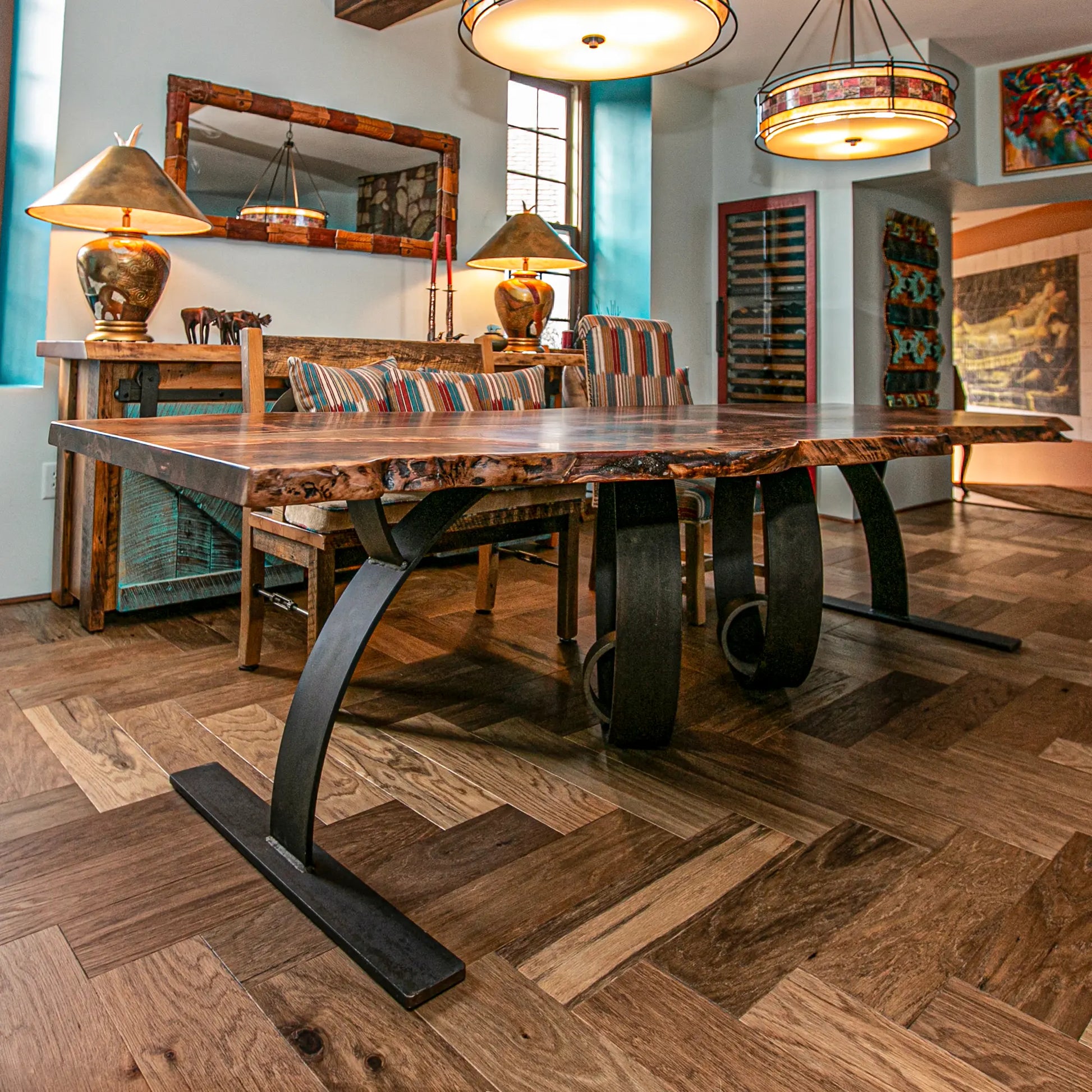 Wooden dining table with unique steel metal base in a room 