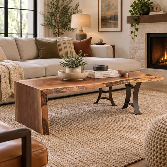 Walnut live edge waterfall coffee table with metal legs and decor books.
