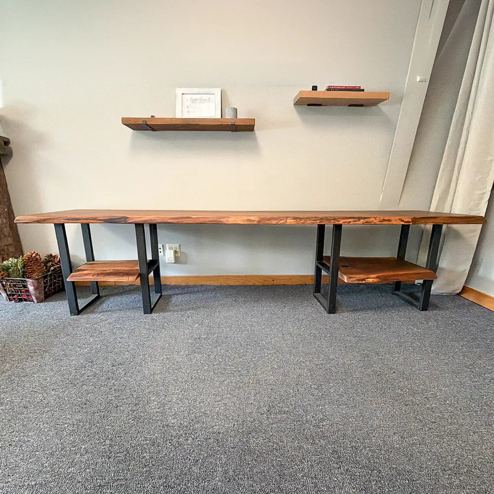 108"L Live Edge Walnut Sofa Table with Shelves