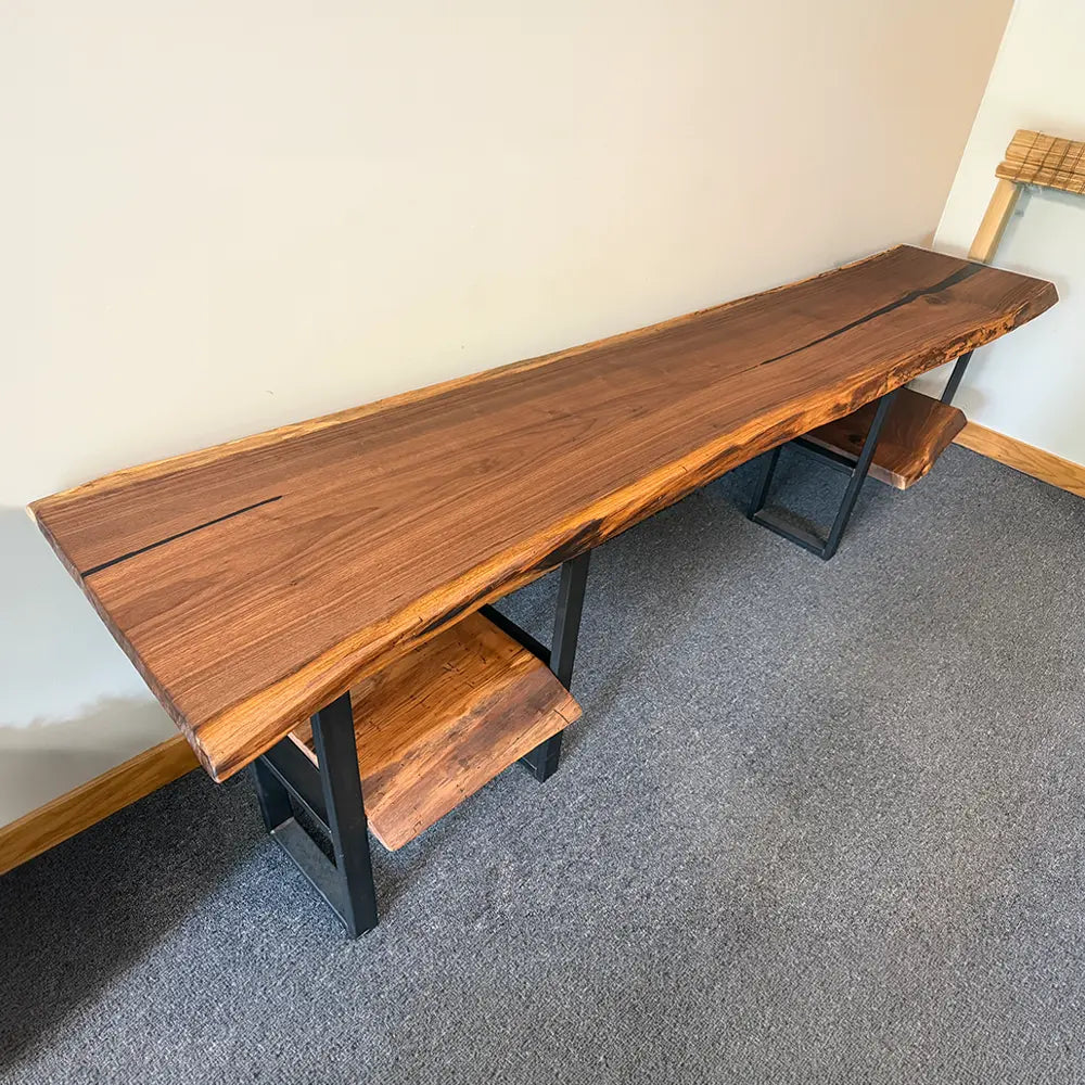 108"L Live Edge Walnut Sofa Table with Shelves